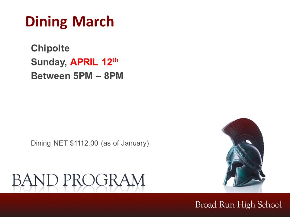 Dining March Chipolte Sunday, APRIL 12 th Between 5PM – 8PM Dining NET $ (as of January)