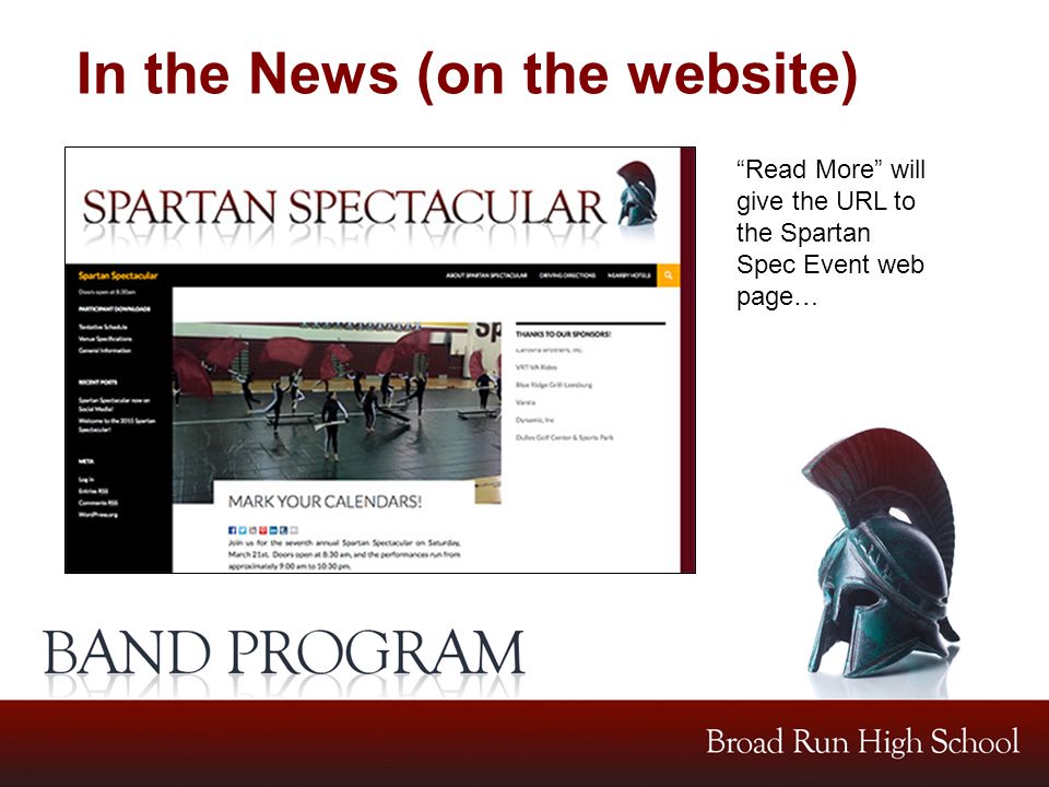 In the News (on the website) Read More will give the URL to the Spartan Spec Event web page…