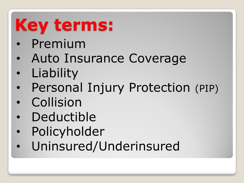 Key terms: Premium Auto Insurance Coverage Liability Personal Injury Protection (PIP) Collision Deductible Policyholder Uninsured/Underinsured