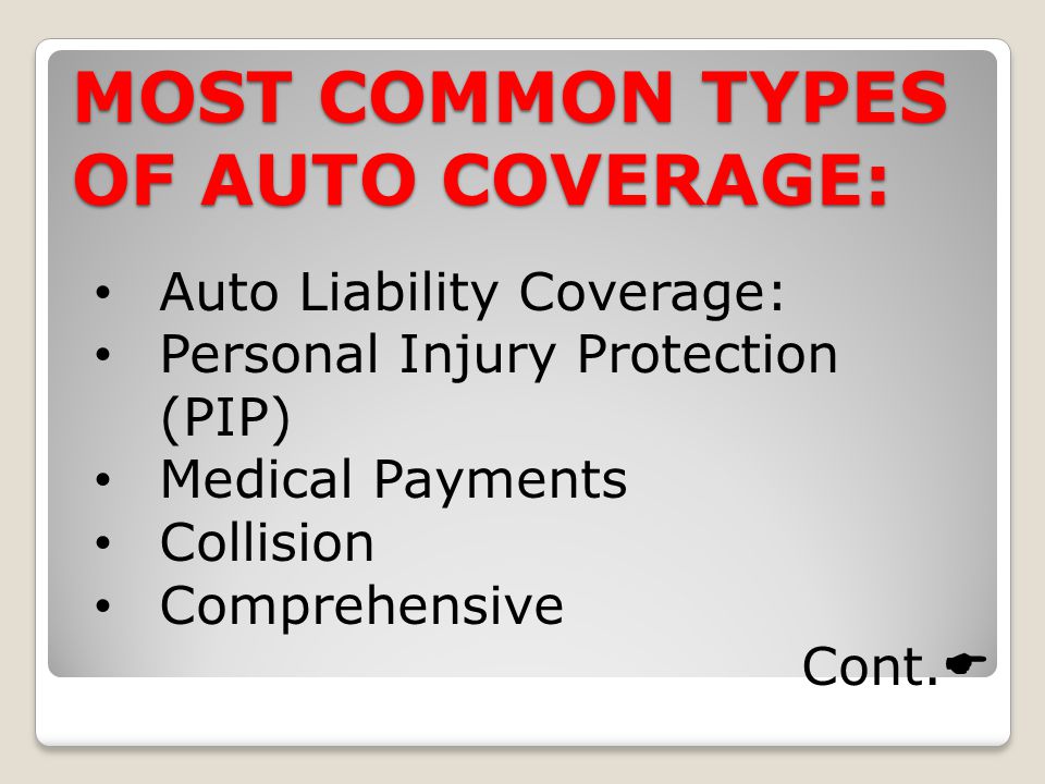 MOST COMMON TYPES OF AUTO COVERAGE: Auto Liability Coverage: Personal Injury Protection (PIP) Medical Payments Collision Comprehensive Cont.