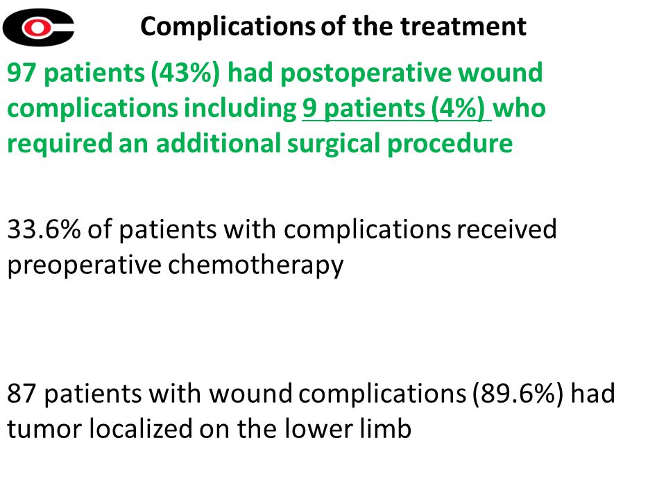 Complications of the treatment 97 patients (43%) had postoperative wound complications including 9 patients (4%) who required an additional surgical procedure 33.6% of patients with complications received preoperative chemotherapy 87 patients with wound complications (89.6%) had tumor localized on the lower limb