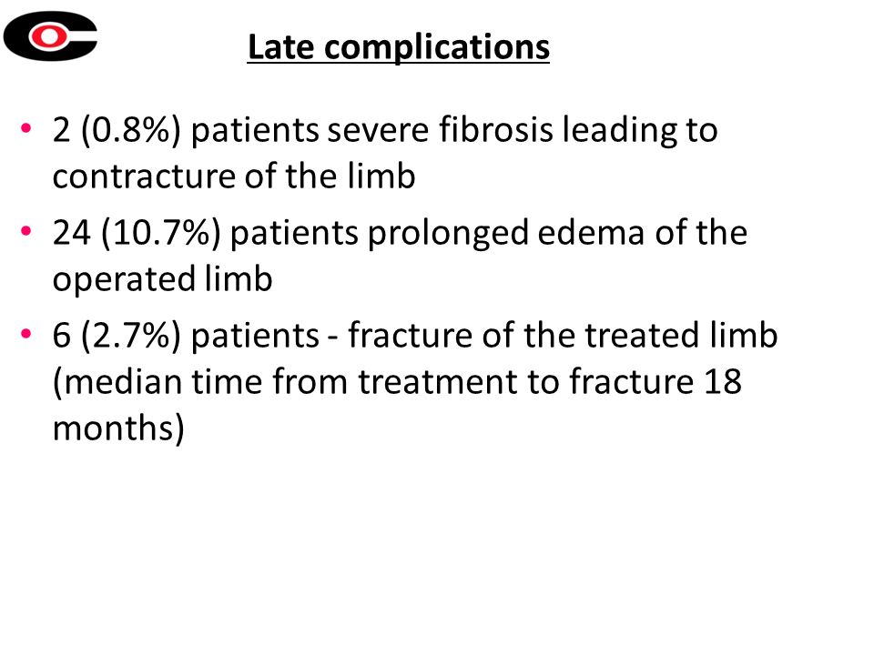 Late complications 2 (0.8%) patients severe fibrosis leading to contracture of the limb 24 (10.7%) patients prolonged edema of the operated limb 6 (2.7%) patients - fracture of the treated limb (median time from treatment to fracture 18 months)