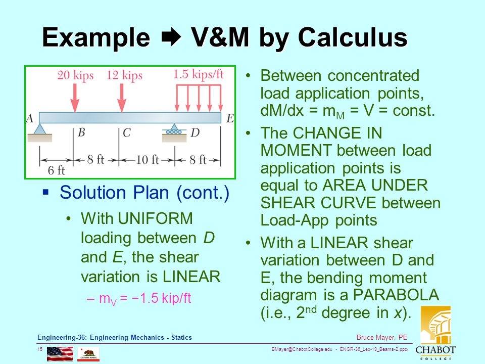 ENGR-36_Lec-19_Beams-2.pptx 15 Bruce Mayer, PE Engineering-36: Engineering Mechanics - Statics Example V&M by Calculus  Solution Plan (cont.) With UNIFORM loading between D and E, the shear variation is LINEAR –m V = −1.5 kip/ft Between concentrated load application points, dM/dx = m M = V = const.