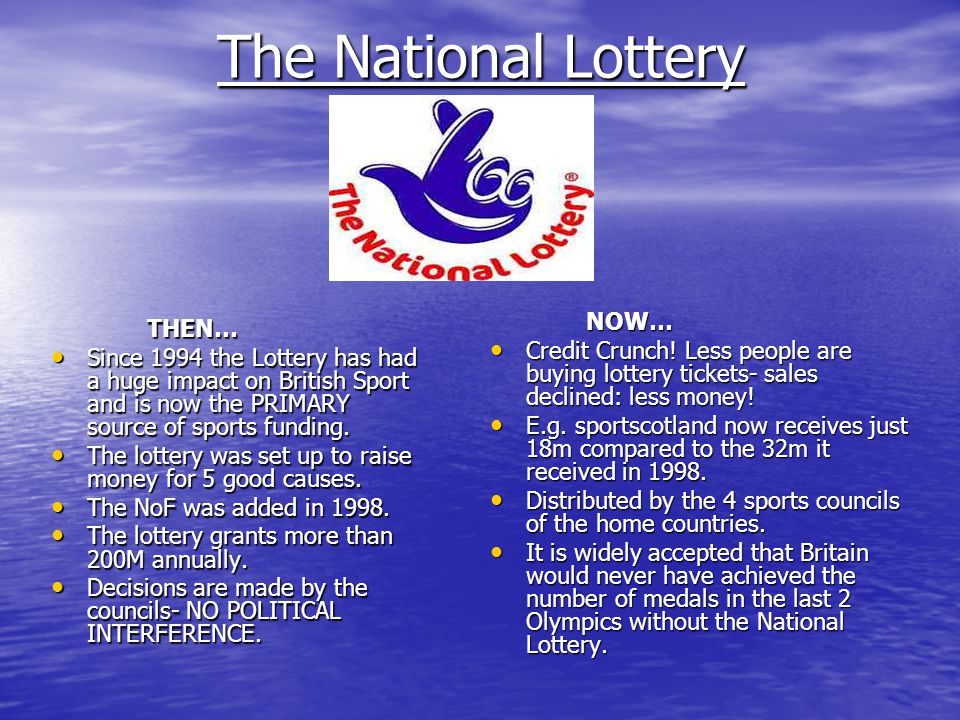 The National Lottery THEN… Since 1994 the Lottery has had a huge impact on British Sport and is now the PRIMARY source of sports funding.