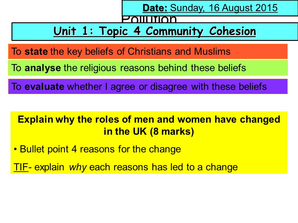 Pollution To state the key beliefs of Christians and Muslims To analyse the religious reasons behind these beliefs To evaluate whether I agree or disagree with these beliefs Date: Date: Sunday, 16 August 2015 Unit 1: Topic 4 Community Cohesion Explain why the roles of men and women have changed in the UK (8 marks) Bullet point 4 reasons for the change TIF- explain why each reasons has led to a change