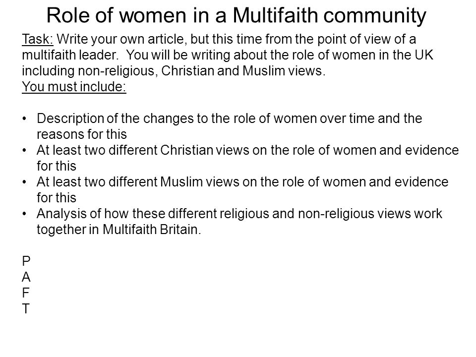 Role of women in a Multifaith community Task: Write your own article, but this time from the point of view of a multifaith leader.