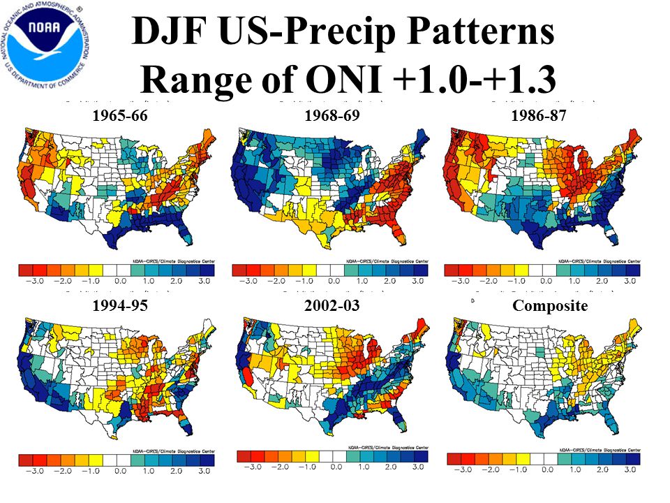 DJF US-Precip Patterns Range of ONI Composite