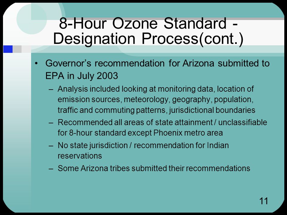 11 8-Hour Ozone Standard - Designation Process(cont.) Governor’s recommendation for Arizona submitted to EPA in July 2003 –Analysis included looking at monitoring data, location of emission sources, meteorology, geography, population, traffic and commuting patterns, jurisdictional boundaries –Recommended all areas of state attainment / unclassifiable for 8-hour standard except Phoenix metro area –No state jurisdiction / recommendation for Indian reservations –Some Arizona tribes submitted their recommendations