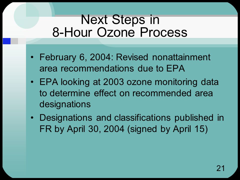 21 Next Steps in 8-Hour Ozone Process February 6, 2004: Revised nonattainment area recommendations due to EPA EPA looking at 2003 ozone monitoring data to determine effect on recommended area designations Designations and classifications published in FR by April 30, 2004 (signed by April 15)