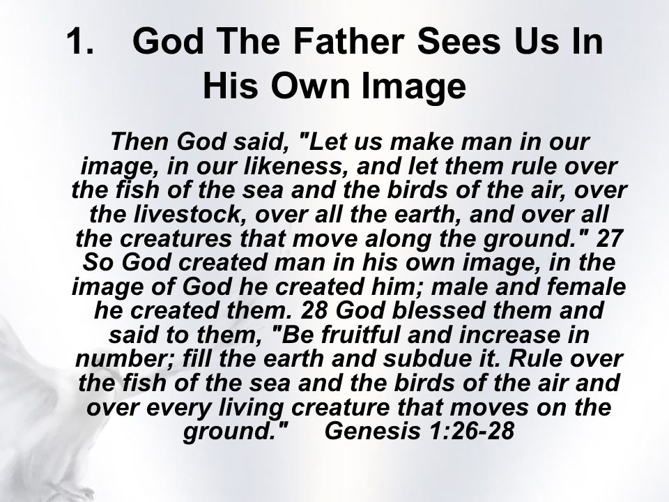 Then God said, Let us make man in our image, in our likeness, and let them rule over the fish of the sea and the birds of the air, over the livestock, over all the earth, and over all the creatures that move along the ground. 27 So God created man in his own image, in the image of God he created him; male and female he created them.