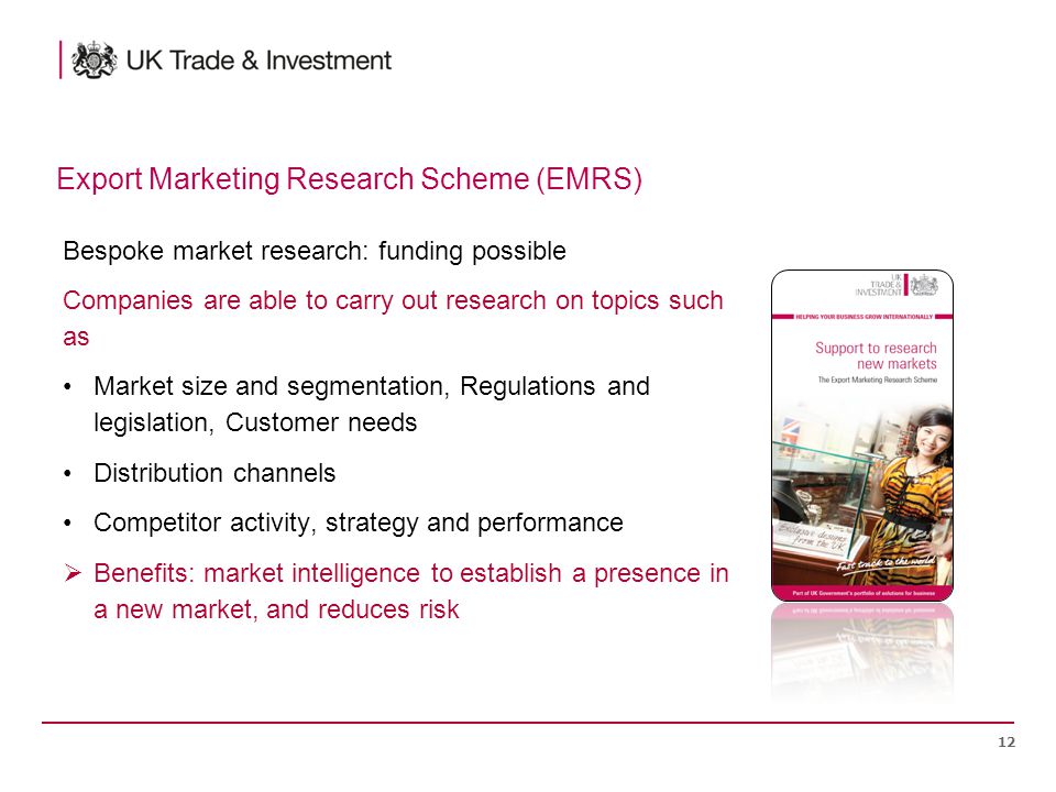 Bespoke market research: funding possible Companies are able to carry out research on topics such as Market size and segmentation, Regulations and legislation, Customer needs Distribution channels Competitor activity, strategy and performance  Benefits: market intelligence to establish a presence in a new market, and reduces risk 12 Export Marketing Research Scheme (EMRS)