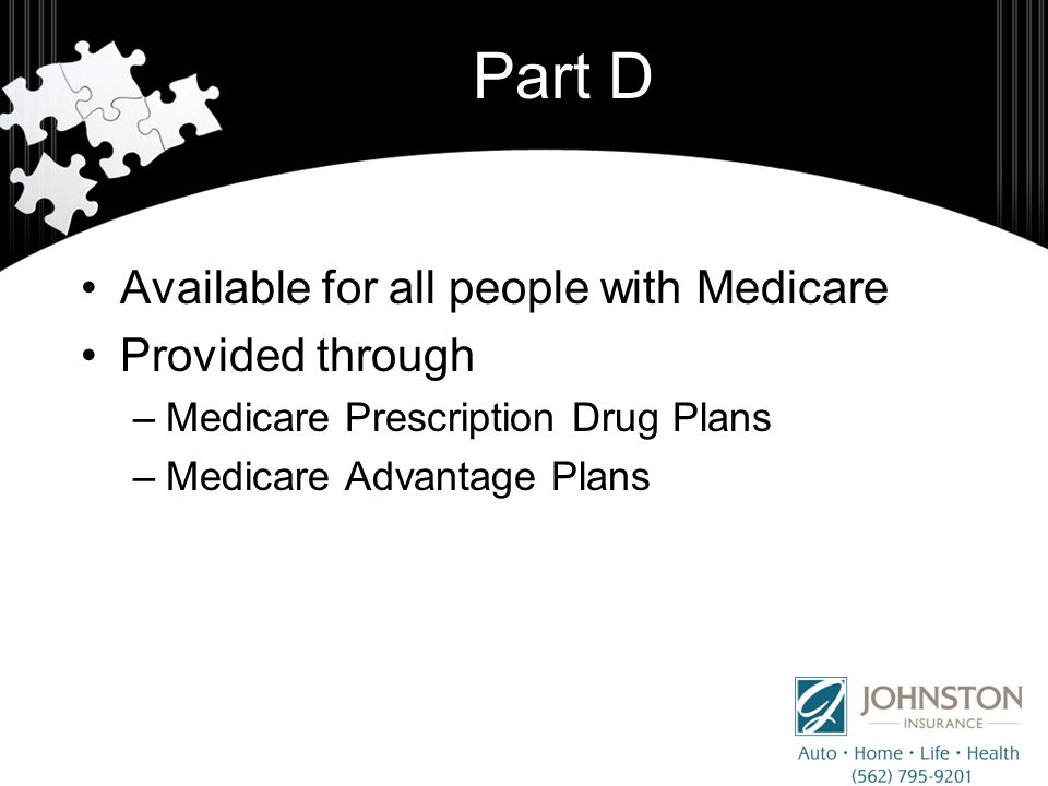 Part D Available for all people with Medicare Provided through –Medicare Prescription Drug Plans –Medicare Advantage Plans