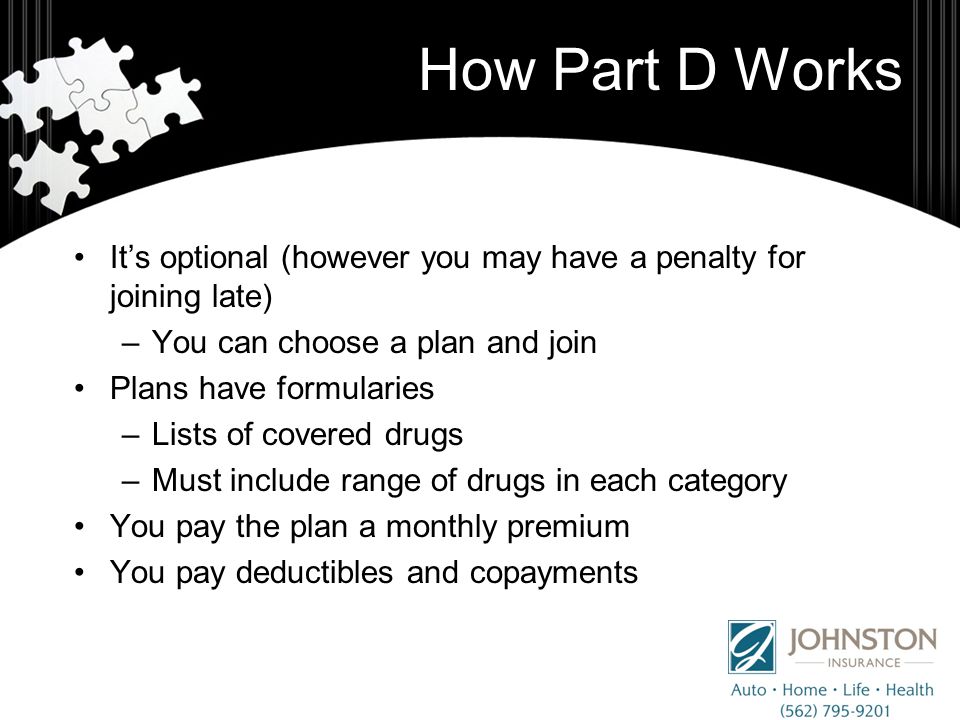 How Part D Works It’s optional (however you may have a penalty for joining late) –You can choose a plan and join Plans have formularies –Lists of covered drugs –Must include range of drugs in each category You pay the plan a monthly premium You pay deductibles and copayments