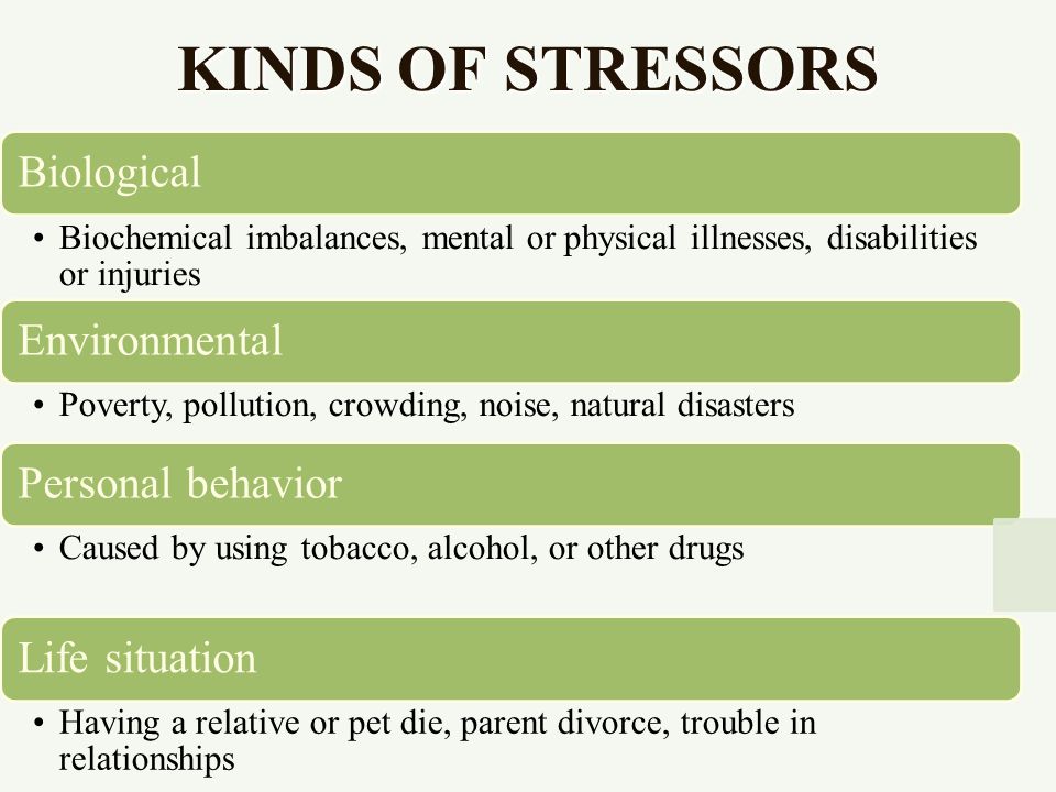 KINDS OF STRESSORS Biological Biochemical imbalances, mental or physical illnesses, disabilities or injuries Environmental Poverty, pollution, crowding, noise, natural disasters Personal behavior Caused by using tobacco, alcohol, or other drugs Life situation Having a relative or pet die, parent divorce, trouble in relationships