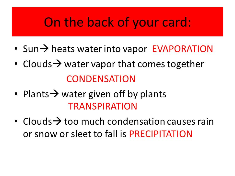 On the back of your card: Sun  heats water into vapor EVAPORATION Clouds  water vapor that comes together CONDENSATION Plants  water given off by plants TRANSPIRATION Clouds  too much condensation causes rain or snow or sleet to fall is PRECIPITATION