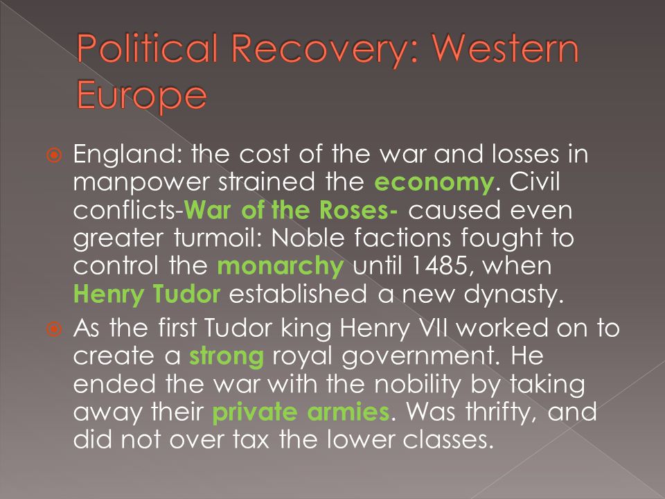  England: the cost of the war and losses in manpower strained the economy.