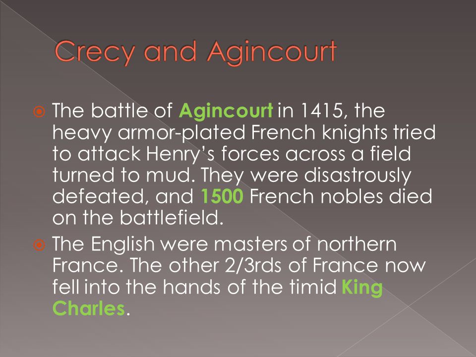 The battle of Agincourt in 1415, the heavy armor-plated French knights tried to attack Henry’s forces across a field turned to mud.