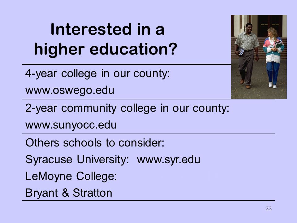 22 Interested in a higher education.