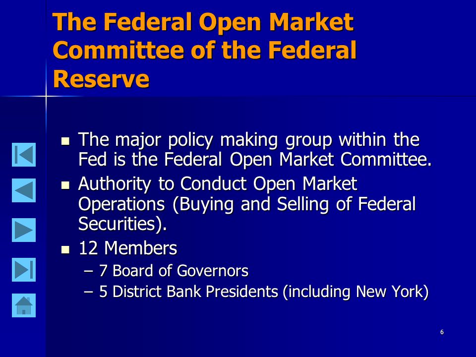 5 The Board of Governors of The Federal Reserve Coordinates and controls the activities of the Federal Reserve System.