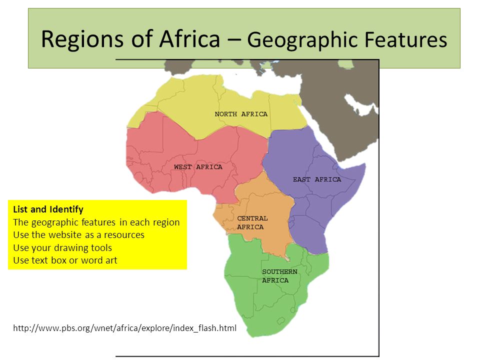 Regions of Africa – Geographic Features   List and Identify The geographic features in each region Use the website as a resources Use your drawing tools Use text box or word art
