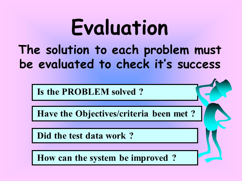 The solution to each problem must be evaluated to check it’s success Evaluation Is the PROBLEM solved .
