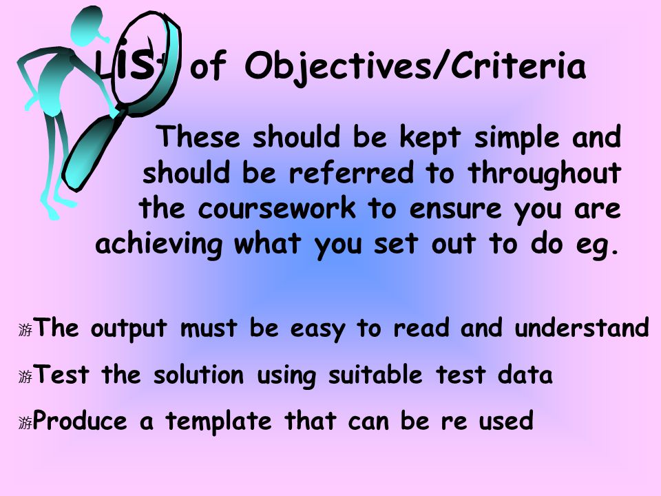 L is t of Objectives/Criteria These should be kept simple and should be referred to throughout the coursework to ensure you are achieving what you set out to do eg.