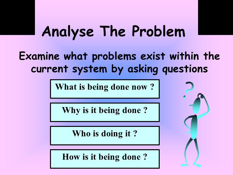 Analyse The Problem Examine what problems exist within the current system by asking questions What is being done now .