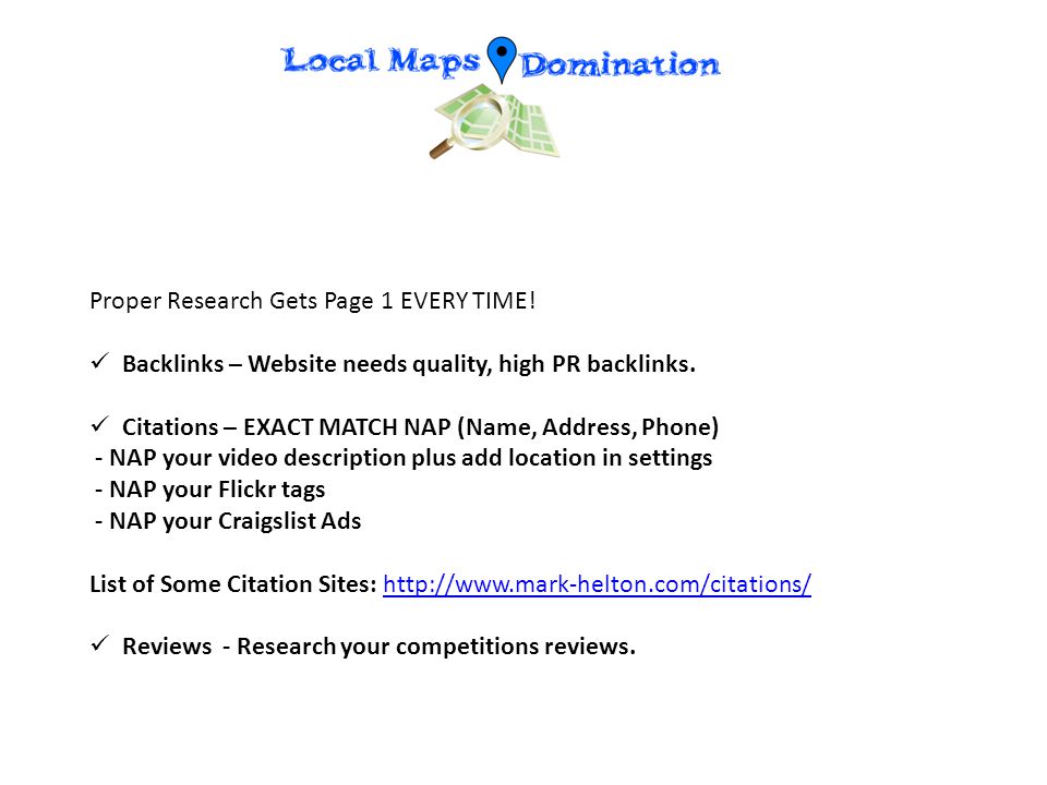 Proper Research Gets Page 1 EVERY TIME. Backlinks – Website needs quality, high PR backlinks.