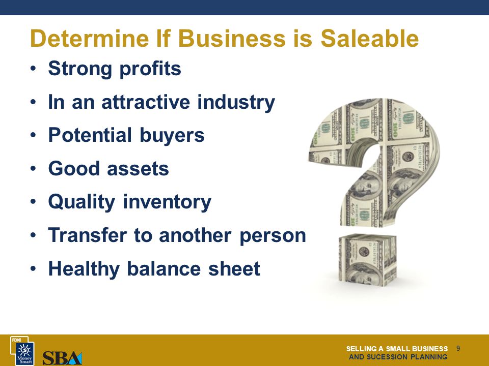 SELLING A SMALL BUSINESS AND SUCESSION PLANNING 9 Determine If Business is Saleable Strong profits In an attractive industry Potential buyers Good assets Quality inventory Transfer to another person Healthy balance sheet