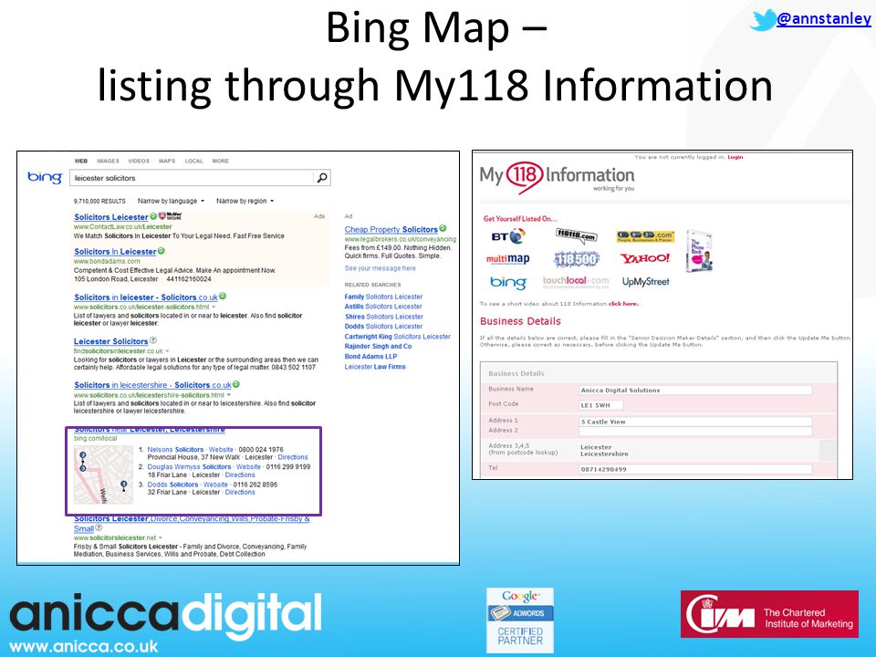 @annstanley Bing Map – listing through My118 Information