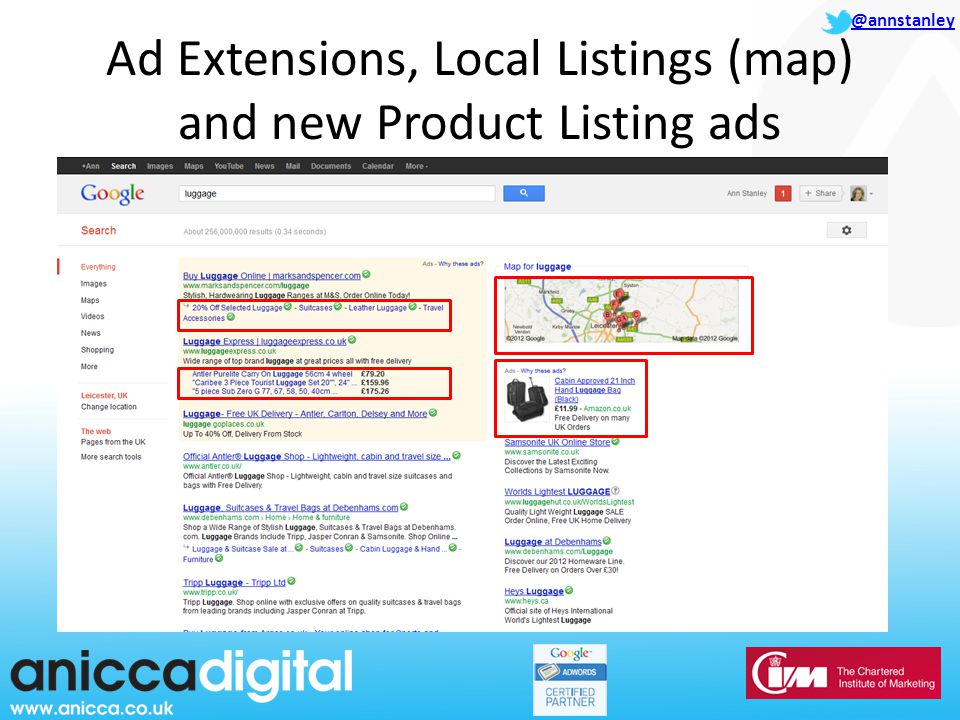 @annstanley Ad Extensions, Local Listings (map) and new Product Listing ads
