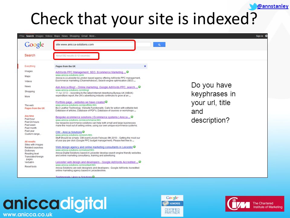 @annstanley Check that your site is indexed.