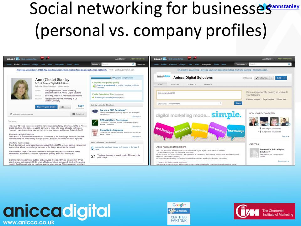 @annstanley Social networking for businesses (personal vs. company profiles)