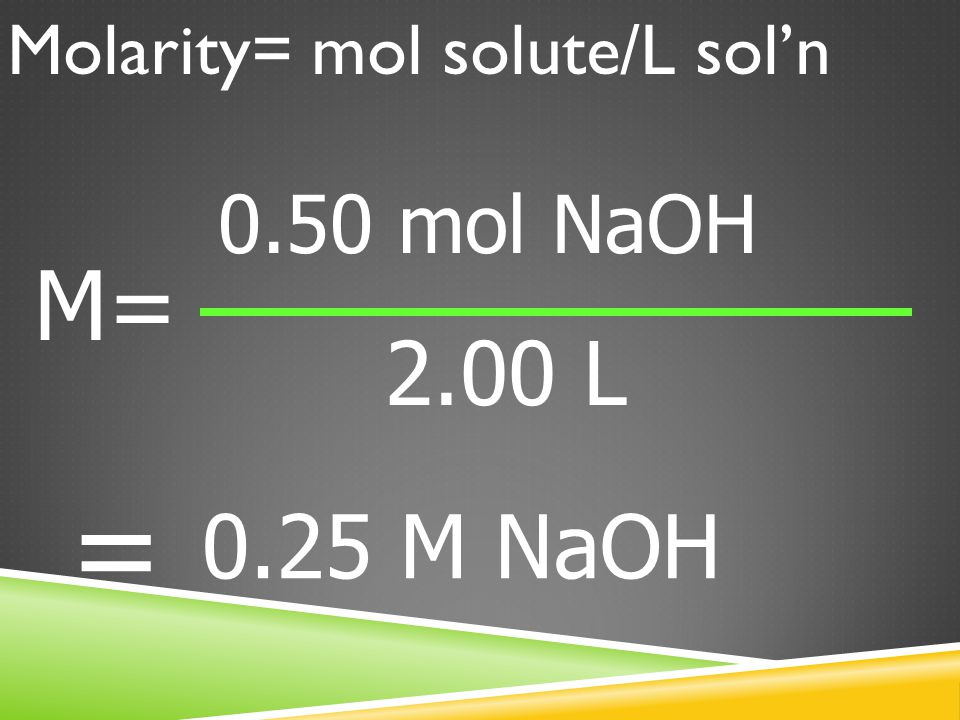 EXAMPLE #1: If we put mol of sodium hydroxide into 1.00 L of solution, what is the molarity of the solution