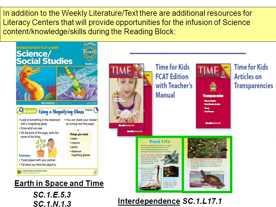 In addition to the Weekly Literature/Text there are additional resources for Literacy Centers that will provide opportunities for the infusion of Science content/knowledge/skills during the Reading Block: SC.1.E.5.3 SC.1.N.1.3 Earth in Space and Time InterdependenceSC.1.L17.1