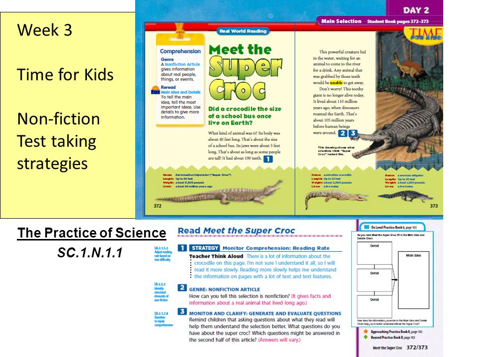 Week 3 Time for Kids Non-fiction Test taking strategies The Practice of Science SC.1.N.1.1