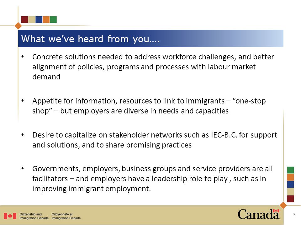 Concrete solutions needed to address workforce challenges, and better alignment of policies, programs and processes with labour market demand Appetite for information, resources to link to immigrants – one-stop shop – but employers are diverse in needs and capacities Desire to capitalize on stakeholder networks such as IEC-B.C.