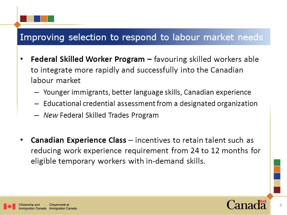 Federal Skilled Worker Program – favouring skilled workers able to integrate more rapidly and successfully into the Canadian labour market – Younger immigrants, better language skills, Canadian experience – Educational credential assessment from a designated organization – New Federal Skilled Trades Program Canadian Experience Class – incentives to retain talent such as reducing work experience requirement from 24 to 12 months for eligible temporary workers with in-demand skills.