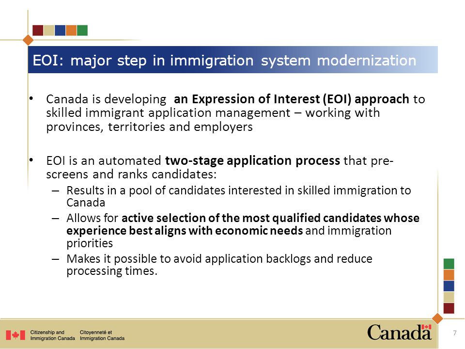Canada is developing an Expression of Interest (EOI) approach to skilled immigrant application management – working with provinces, territories and employers EOI is an automated two-stage application process that pre- screens and ranks candidates: – Results in a pool of candidates interested in skilled immigration to Canada – Allows for active selection of the most qualified candidates whose experience best aligns with economic needs and immigration priorities – Makes it possible to avoid application backlogs and reduce processing times.