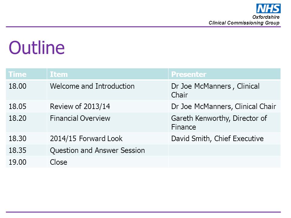 Oxfordshire Clinical Commissioning Group Outline TimeItemPresenter 18.00Welcome and IntroductionDr Joe McManners, Clinical Chair 18.05Review of 2013/14Dr Joe McManners, Clinical Chair 18.20Financial OverviewGareth Kenworthy, Director of Finance /15 Forward LookDavid Smith, Chief Executive 18.35Question and Answer Session 19.00Close