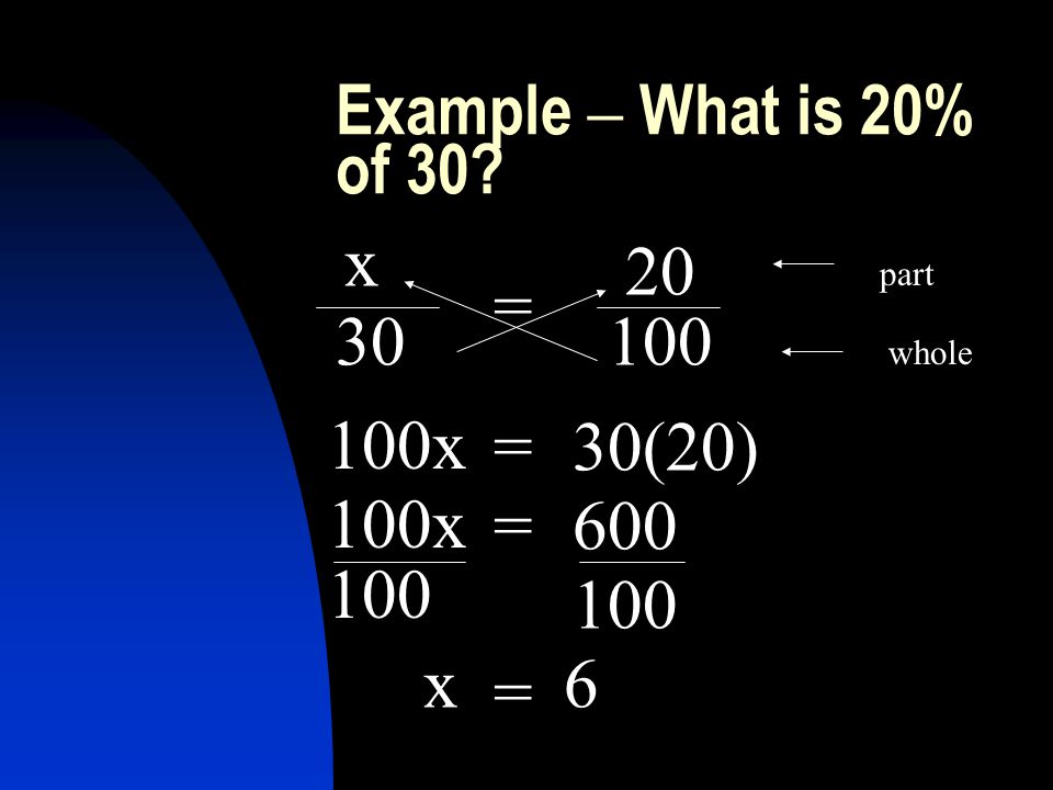 Example – What is 20% of 30 = part whole 30 x = 100x 30(20) = 100x = x6