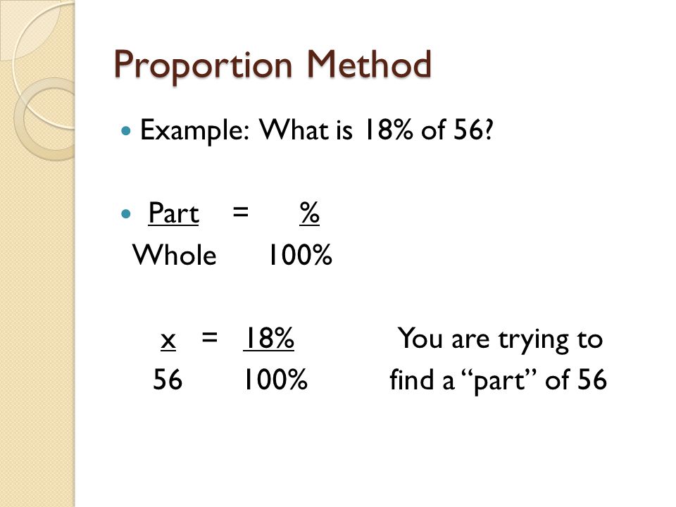 Proportion Method Example: What is 18% of 56.