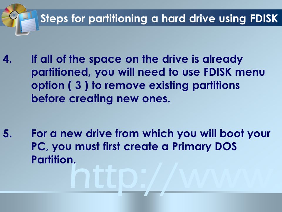 Steps for partitioning a hard drive using FDISK 4.