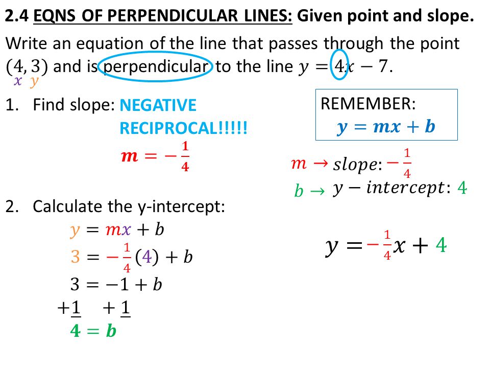2.4 EQNS OF PERPENDICULAR LINES: Given point and slope. NEGATIVE RECIPROCAL!!!!!
