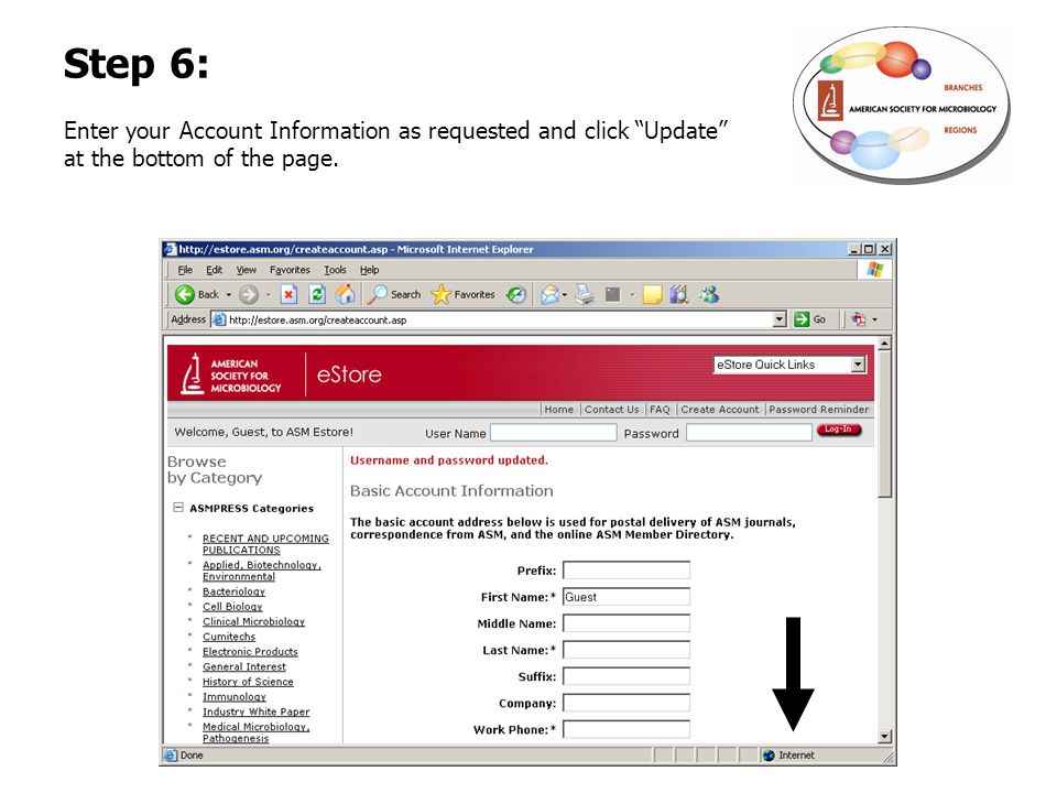Step 6: Enter your Account Information as requested and click Update at the bottom of the page.
