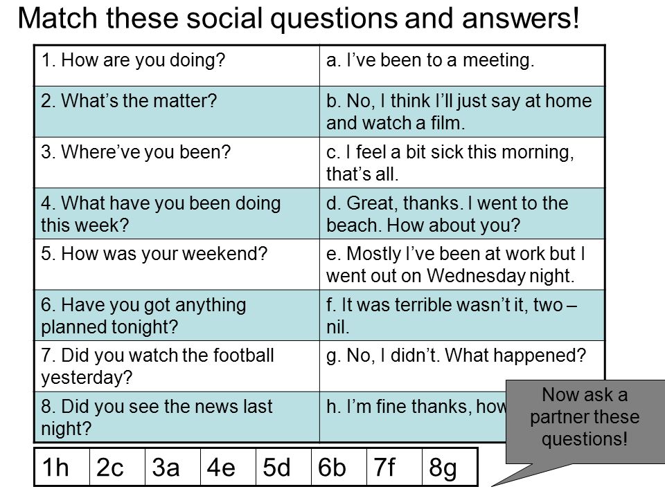 Match these social questions and answers. 1. How are you doing a.
