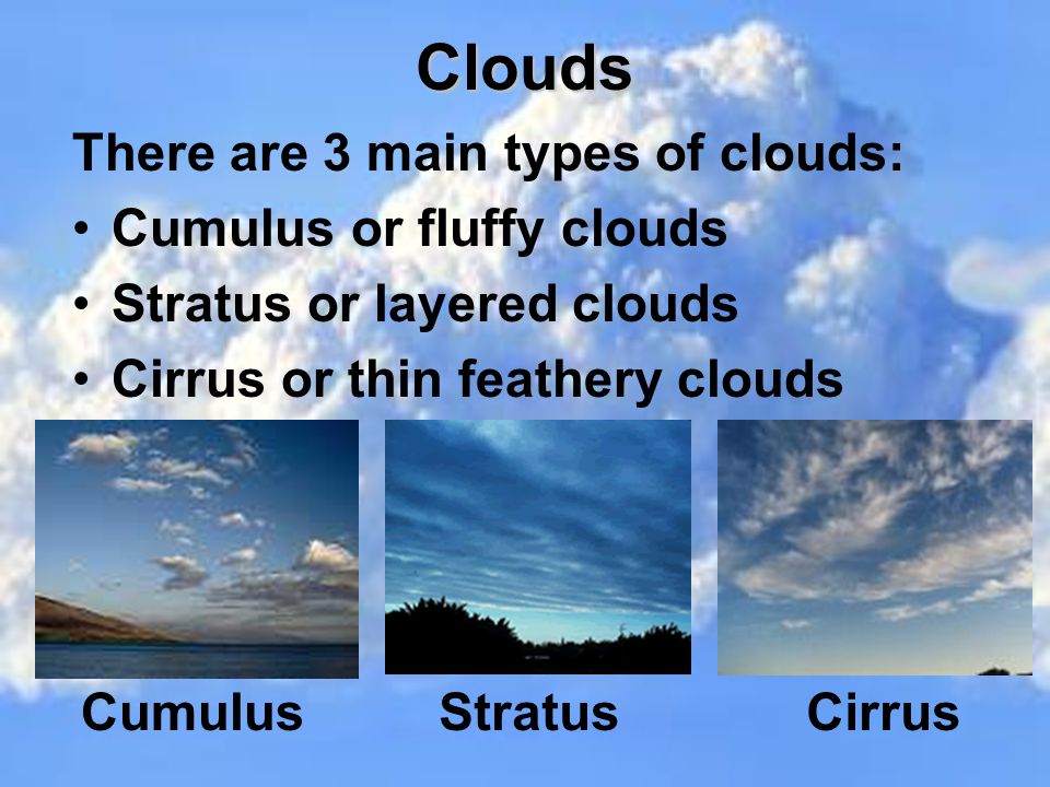 Clouds There are 3 main types of clouds: Cumulus or fluffy clouds Stratus or layered clouds Cirrus or thin feathery clouds CumulusCirrusStratus