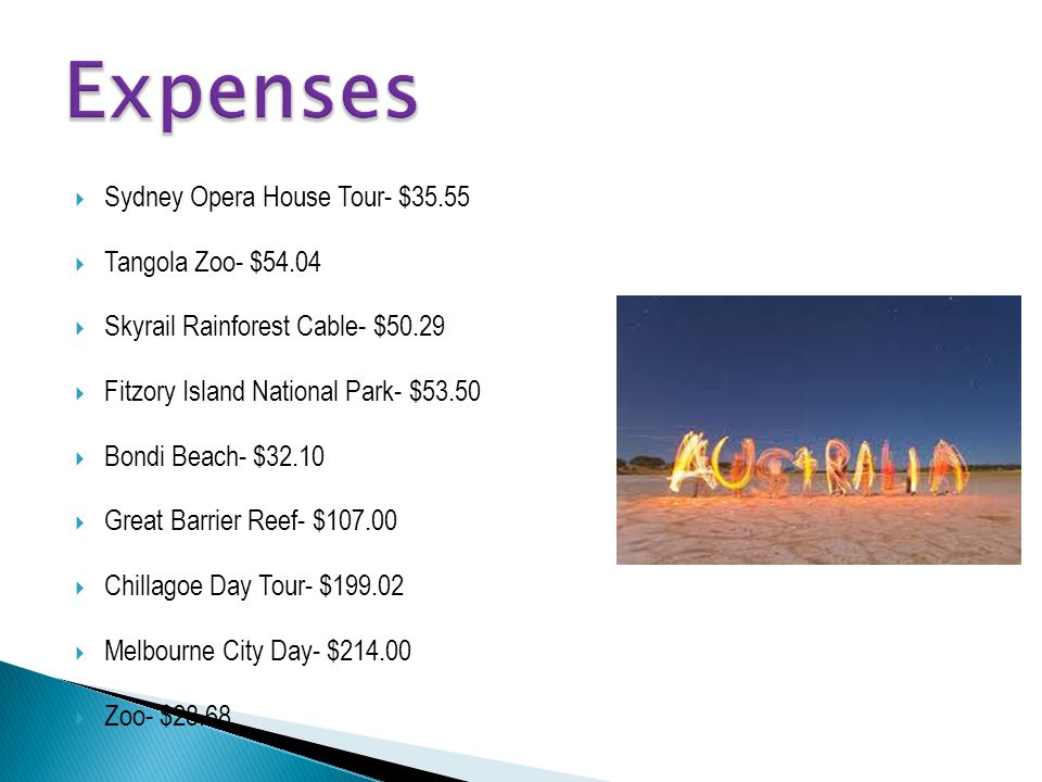  Sydney Opera House Tour- $35.55  Tangola Zoo- $54.04  Skyrail Rainforest Cable- $50.29  Fitzory Island National Park- $53.50  Bondi Beach- $32.10  Great Barrier Reef- $  Chillagoe Day Tour- $  Melbourne City Day- $  Zoo- $28.68