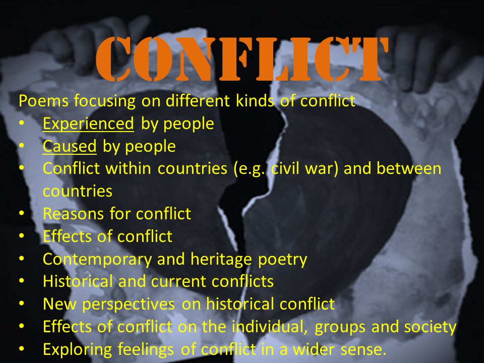 Poems focusing on different kinds of conflict Experienced by people Caused by people Conflict within countries (e.g.