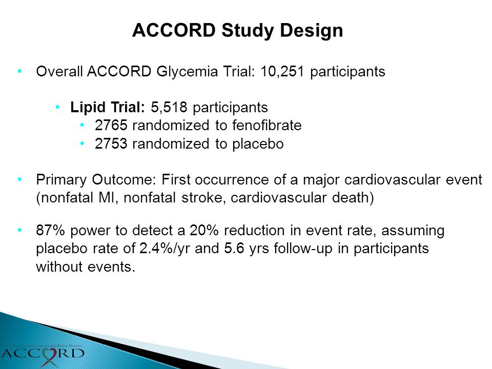 ACCORD Study Design Overall ACCORD Glycemia Trial: 10,251 participants Lipid Trial: 5,518 participants 2765 randomized to fenofibrate 2753 randomized to placebo Primary Outcome: First occurrence of a major cardiovascular event (nonfatal MI, nonfatal stroke, cardiovascular death) 87% power to detect a 20% reduction in event rate, assuming placebo rate of 2.4%/yr and 5.6 yrs follow-up in participants without events.